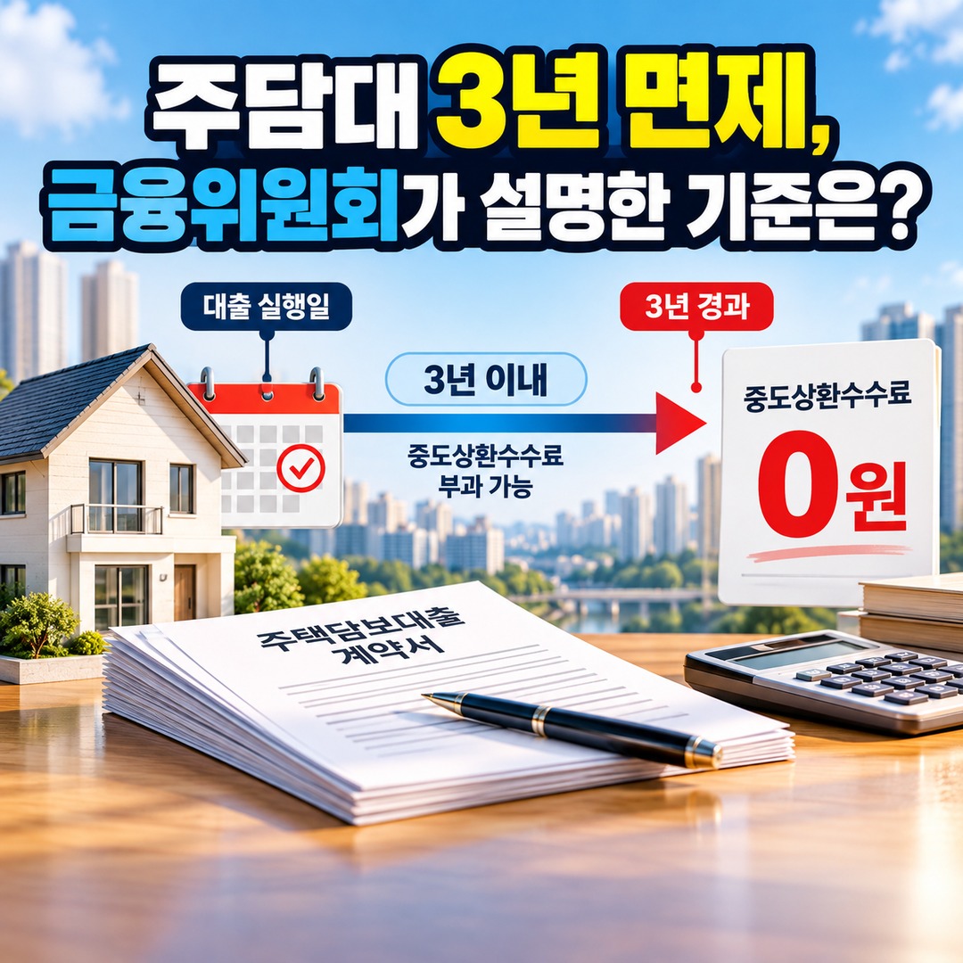 주담대 중도상환수수료 3년 지나면 0원? 면제 기준과 대환대출 확인사항 - 주담대 3년 면제, 금융위원회가 설명한 기준은? 핵심 내용을 정리한 정보형 이미지