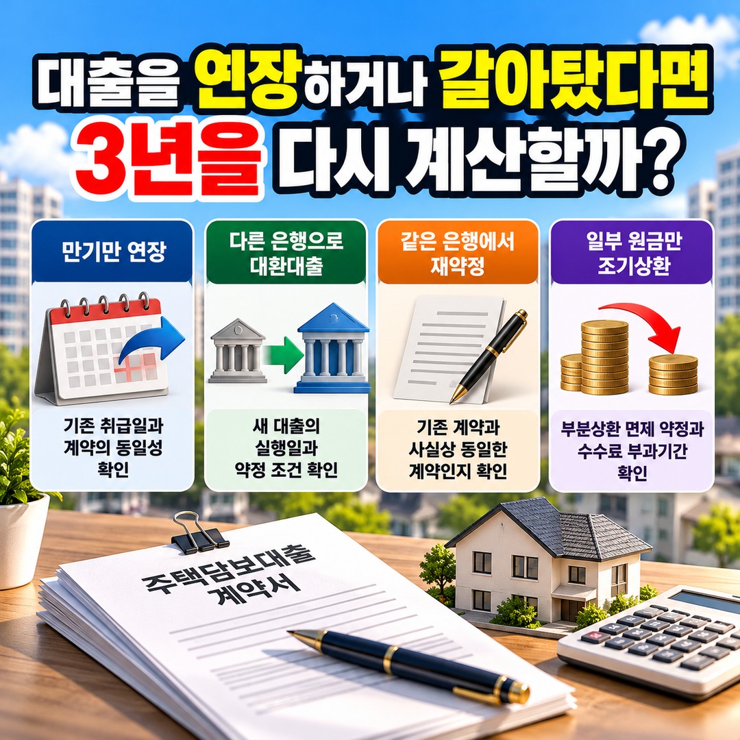 주담대 중도상환수수료 3년 지나면 0원? 면제 기준과 대환대출 확인사항 - 대출을 연장하거나 갈아탔다면 3년을 다시 계산할까? 핵심 내용을 정리한 정보형 이미지