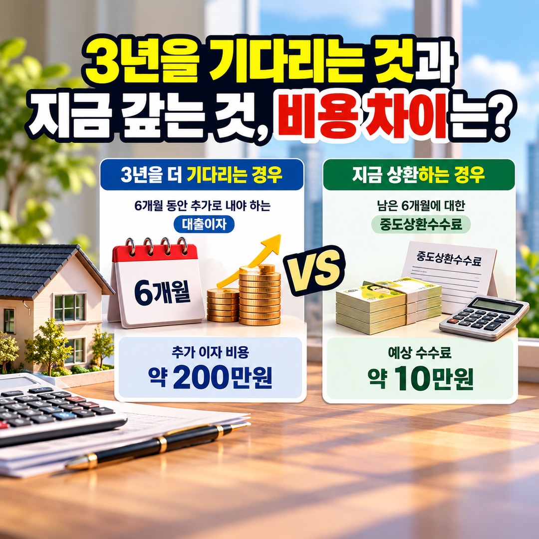 주담대 중도상환수수료 3년 지나면 0원? 면제 기준과 대환대출 확인사항 - 3년을 기다리는 것과 지금 갚는 것, 비용 차이는? 핵심 내용을 정리한 정보형 이미지