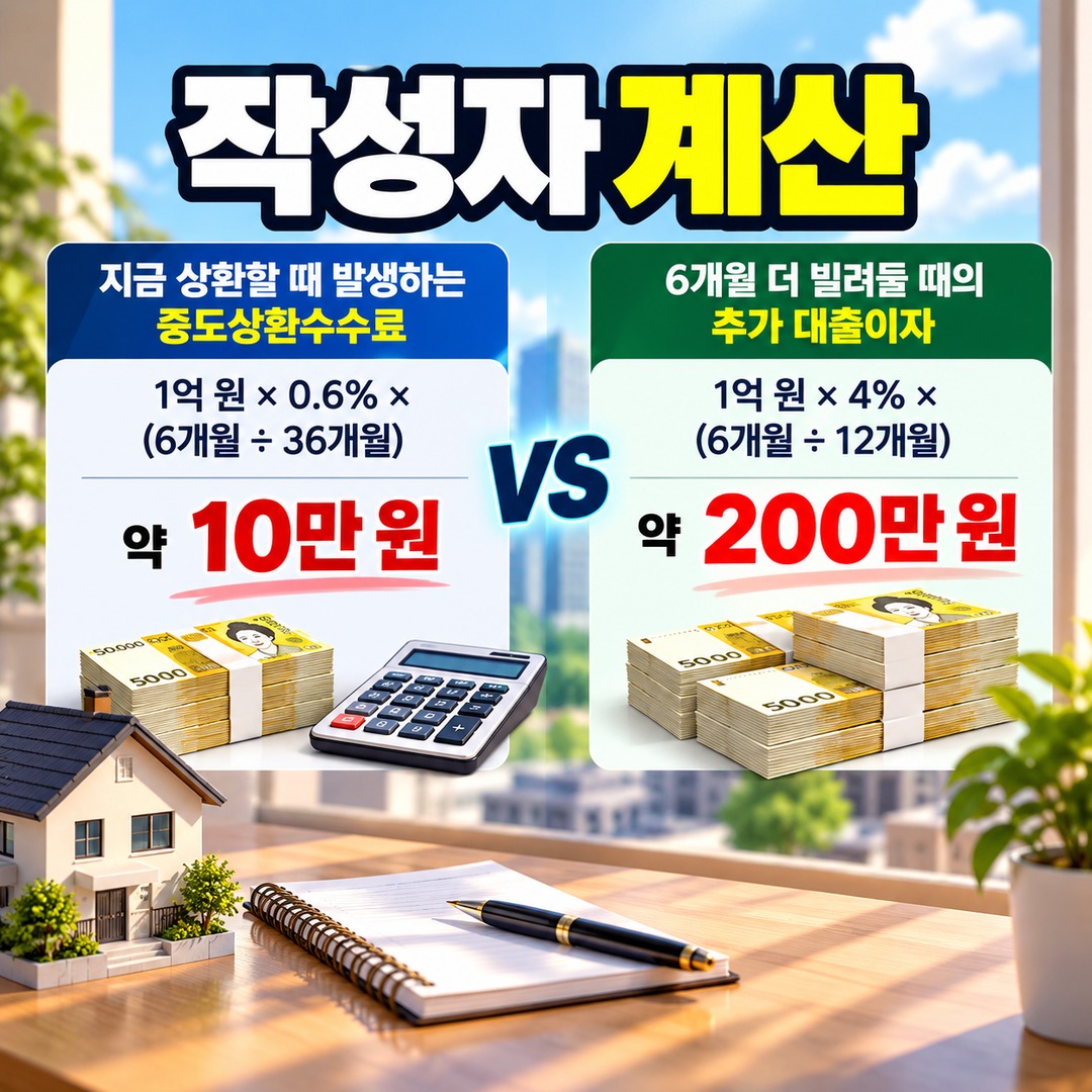 주담대 중도상환수수료 3년 지나면 0원? 면제 기준과 대환대출 확인사항 - 작성자 계산 핵심 내용을 정리한 정보형 이미지