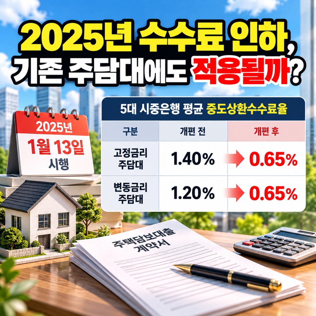 주담대 중도상환수수료 3년 지나면 0원? 면제 기준과 대환대출 확인사항 - 2025년 수수료 인하, 기존 주담대에도 적용될까? 핵심 내용을 정리한 정보형 이미지