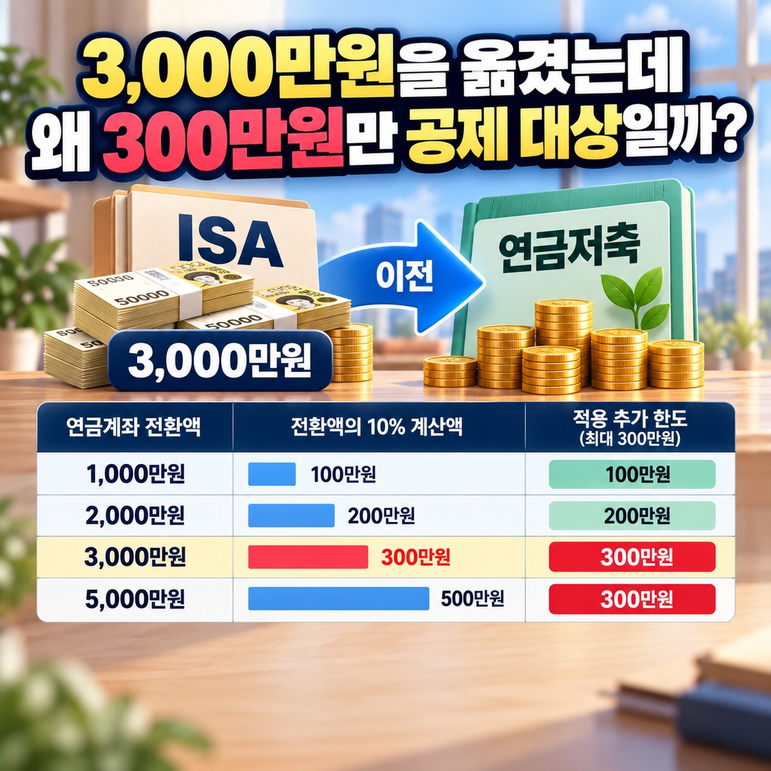 ISA 만기자금 3,000만원 연금저축 이전, 추가 세액공제 300만원과 실제 환급액 차이 - 3,000만원을 옮겼는데 왜 300만원만 공제 대상일까? 핵심 내용을 정리한 정보형 이미지
