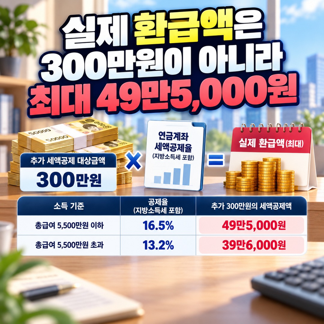 ISA 만기자금 3,000만원 연금저축 이전, 추가 세액공제 300만원과 실제 환급액 차이 - 실제 환급액은 300만원이 아니라 최대 49만5,000원 핵심 내용을 정리한 정보형 이미지