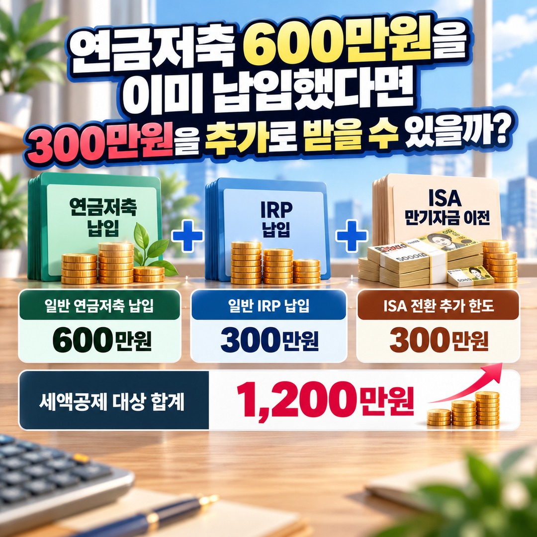 ISA 만기자금 3,000만원 연금저축 이전, 추가 세액공제 300만원과 실제 환급액 차이 - 연금저축 600만원을 이미 납입했다면 300만원을 추가로 받을 수 있을까? 핵심 내용을 정리한 정보형 이미지