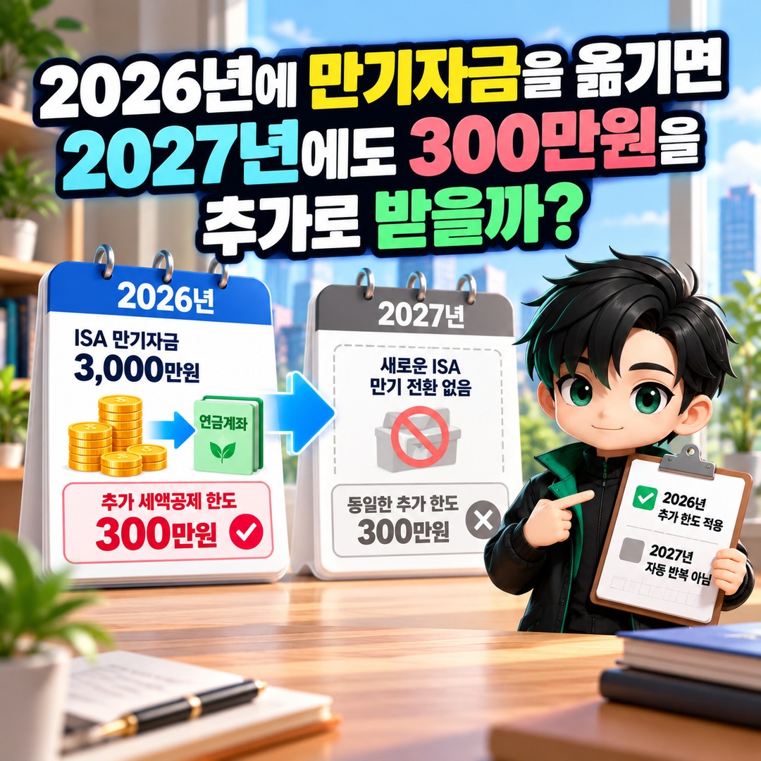 ISA 만기자금 3,000만원 연금저축 이전, 추가 세액공제 300만원과 실제 환급액 차이 - 2026년에 만기자금을 옮기면 2027년에도 300만원을 추가로 받을까? 핵심 내용을 정리한 정보형 이미지