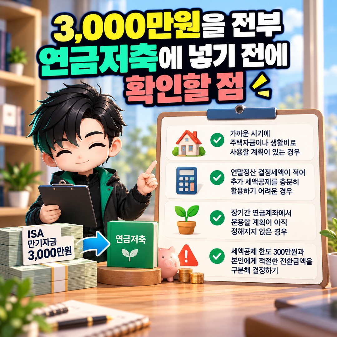 ISA 만기자금 3,000만원 연금저축 이전, 추가 세액공제 300만원과 실제 환급액 차이 - 3,000만원을 전부 연금저축에 넣기 전에 확인할 점 핵심 내용을 정리한 정보형 이미지