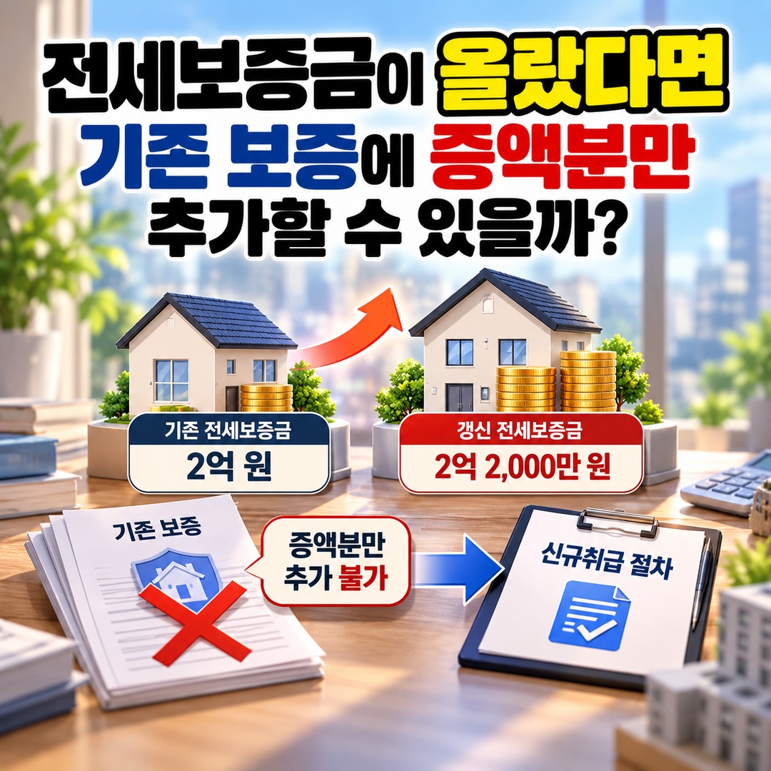 전세보증보험 갱신, 보증금 증액과 집주인 변경은 신청 절차가 다릅니다 - 전세보증금이 올랐다면 기존 보증에 증액분만 추가할 수 있을까? 핵심 내용을 정리한 정보형 이미지
