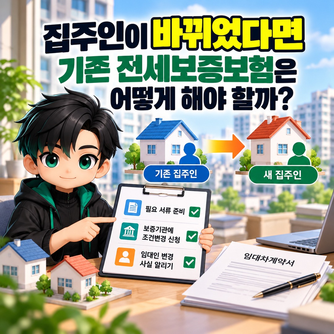전세보증보험 갱신, 보증금 증액과 집주인 변경은 신청 절차가 다릅니다 - 집주인이 바뀌었다면 기존 전세보증보험은 어떻게 해야 할까? 핵심 내용을 정리한 정보형 이미지