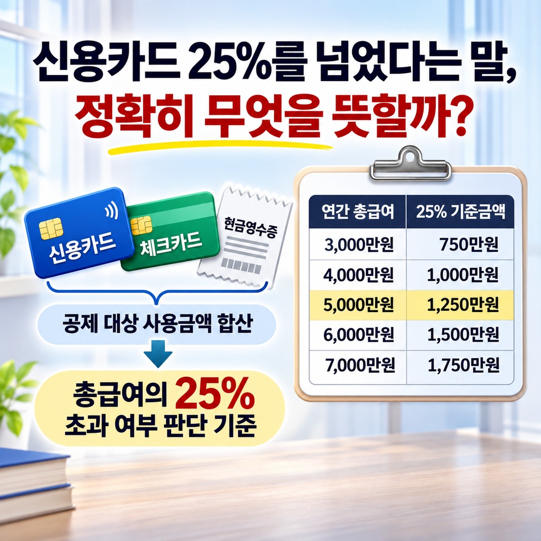 Informational thumbnail highlighting the key points of the 2026 year-end tax settlement: exceeding the 25% credit card spending threshold and the deduction difference when switchin