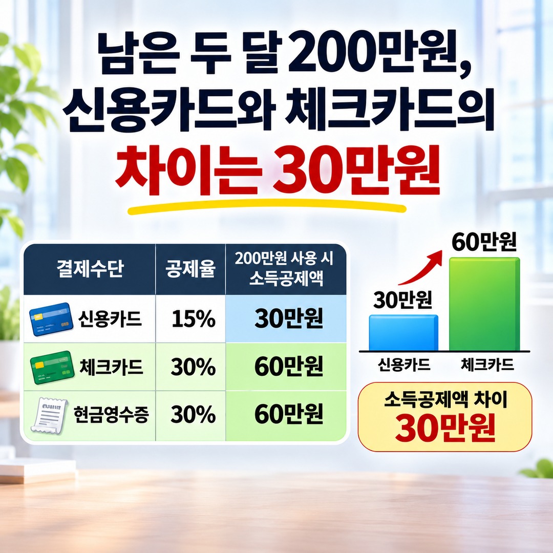 Informational thumbnail highlighting the key points of the 2026 year-end tax settlement: exceeding the 25% credit card spending threshold and the deduction difference when switchin