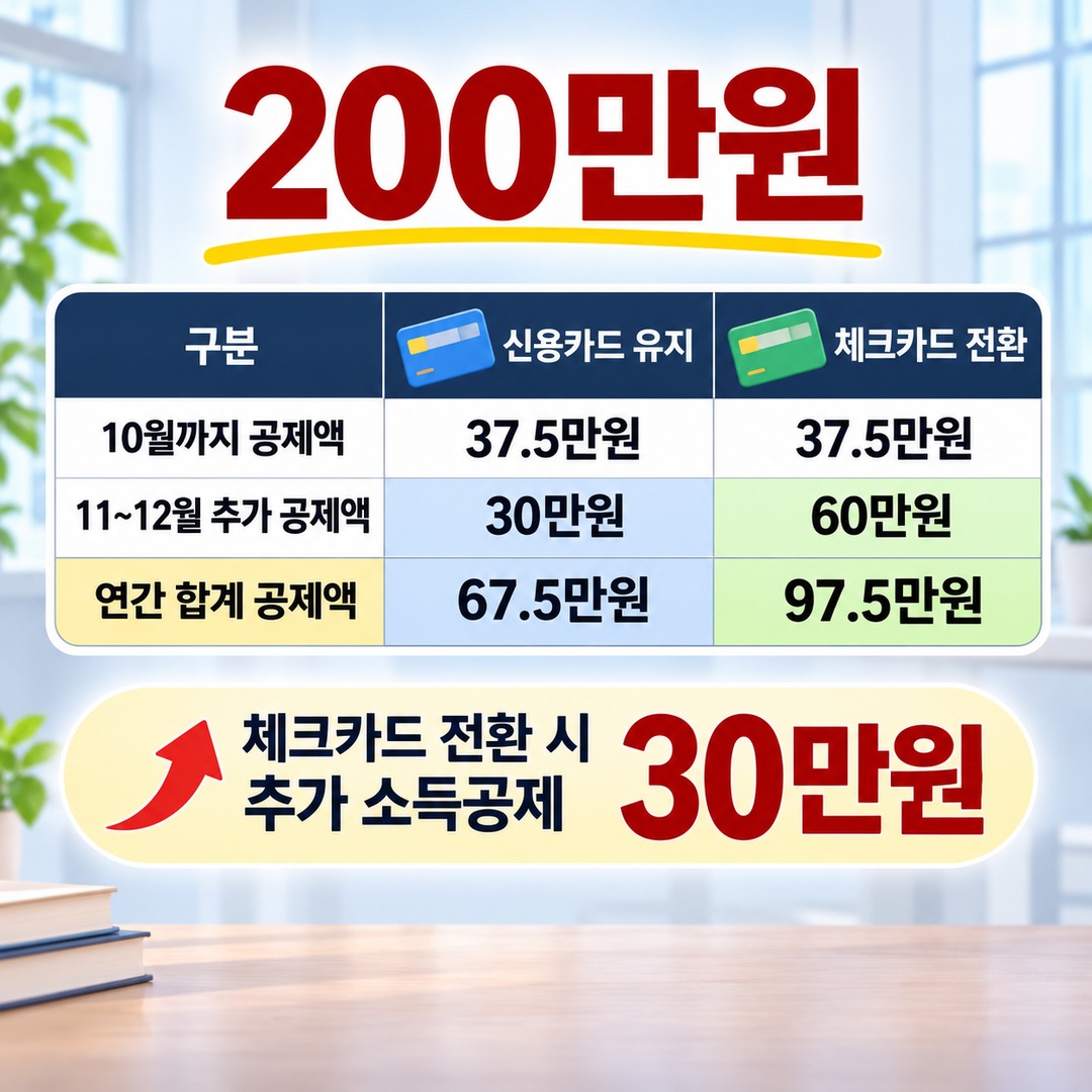 Informational thumbnail highlighting the key points of the 2026 year-end tax settlement: exceeding the 25% credit card spending threshold and the deduction difference when switchin