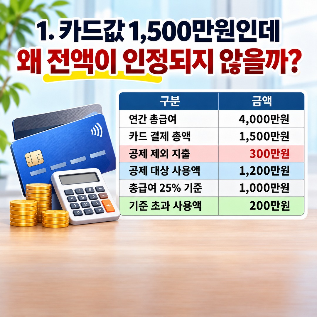 2026 연말정산 카드값은 1,500만원인데 공제액이 적다면? 관리비·보험료 등 제외 항목 확인법 - 1. 카드값 1,500만원인데 왜 전액이 인정되지 않을까? 핵심 내용을 정리한 정보형 이미지