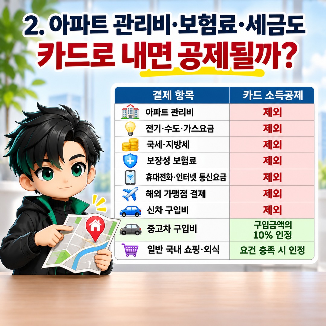 2026 연말정산 카드값은 1,500만원인데 공제액이 적다면? 관리비·보험료 등 제외 항목 확인법 - 2. 아파트 관리비·보험료·세금도 카드로 내면 공제될까? 핵심 내용을 정리한 정보형 이미지