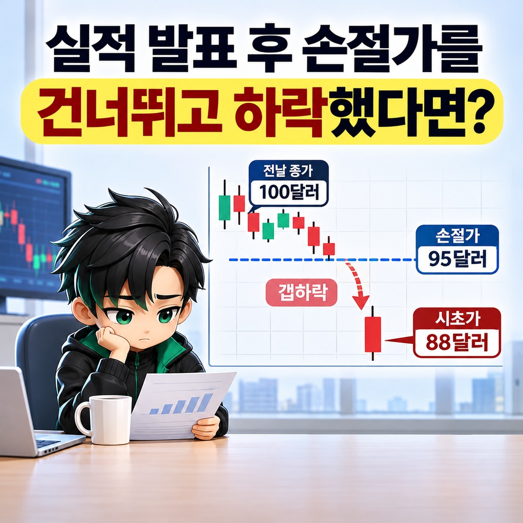 미국주식 실적 발표 후 갭하락, 손절가 아래로 출발했다면 매도 기준과 실제 손실은? - 실적 발표 후 손절가를 건너뛰고 하락했다면? 핵심 내용을 정리한 정보형 이미지
