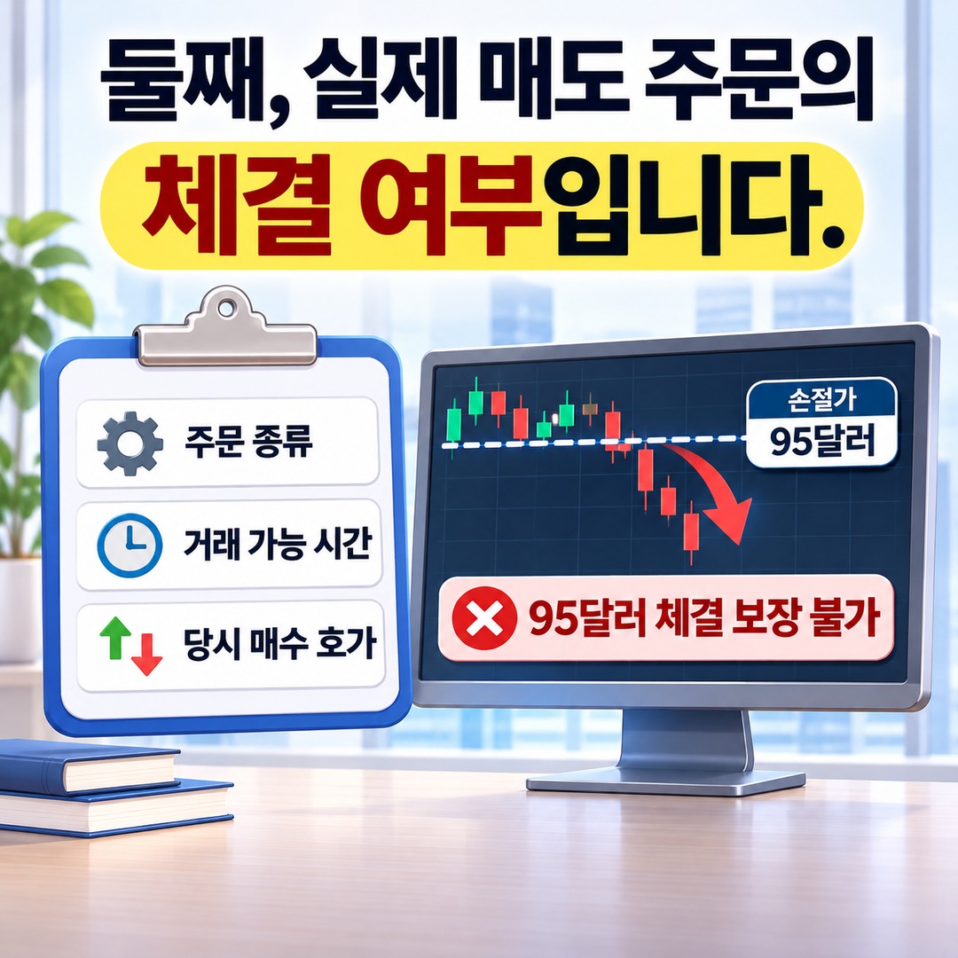 미국주식 실적 발표 후 갭하락, 손절가 아래로 출발했다면 매도 기준과 실제 손실은? - 둘째, 실제 매도 주문의 체결 여부입니다. 핵심 내용을 정리한 정보형 이미지