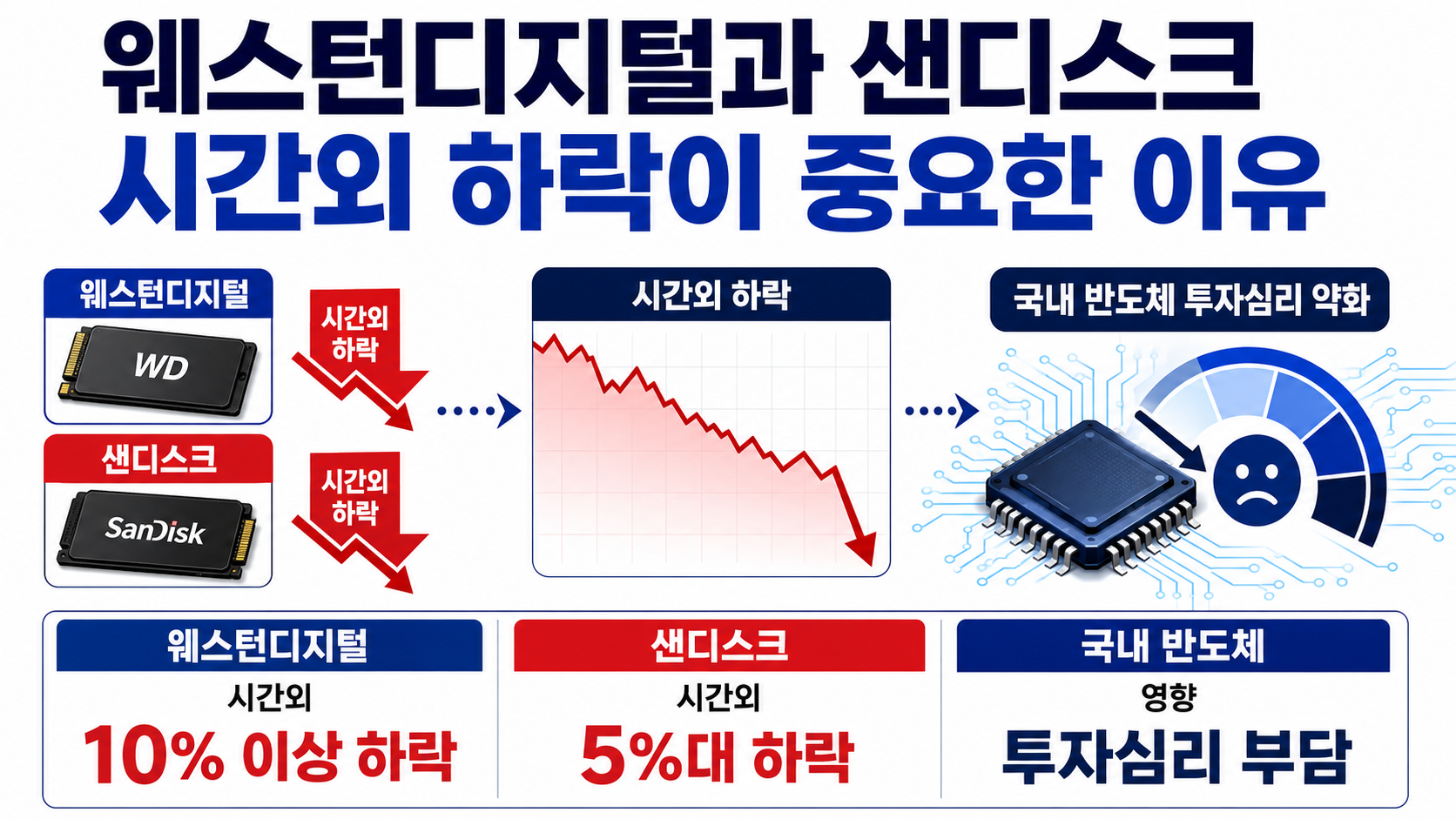 뉴욕증시 혼조 마감, 8월 6일 코스피 전망…반도체 시간외 하락이 변수 - 웨스턴디지털과 샌디스크 시간외 하락이 중요한 이유 핵심 내용을 정리한 정보형 이미지