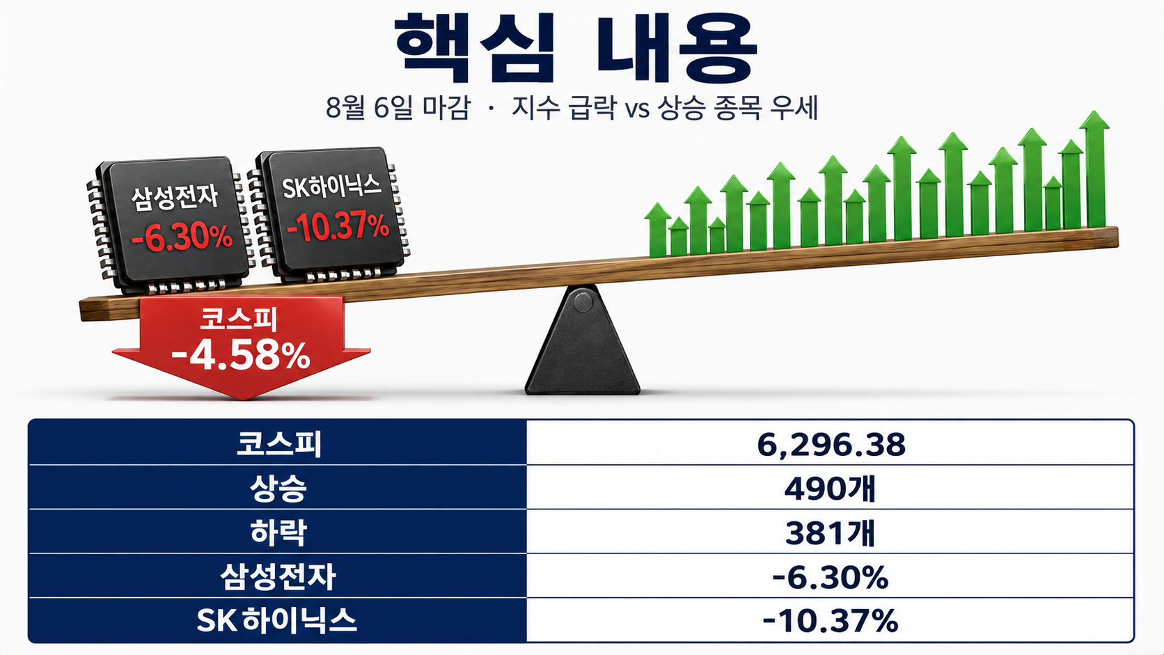 코스피 4.58% 급락, 상승 종목이 더 많았다…삼성전자·SK하이닉스 쏠림 - 핵심 내용 핵심 내용을 정리한 정보형 이미지