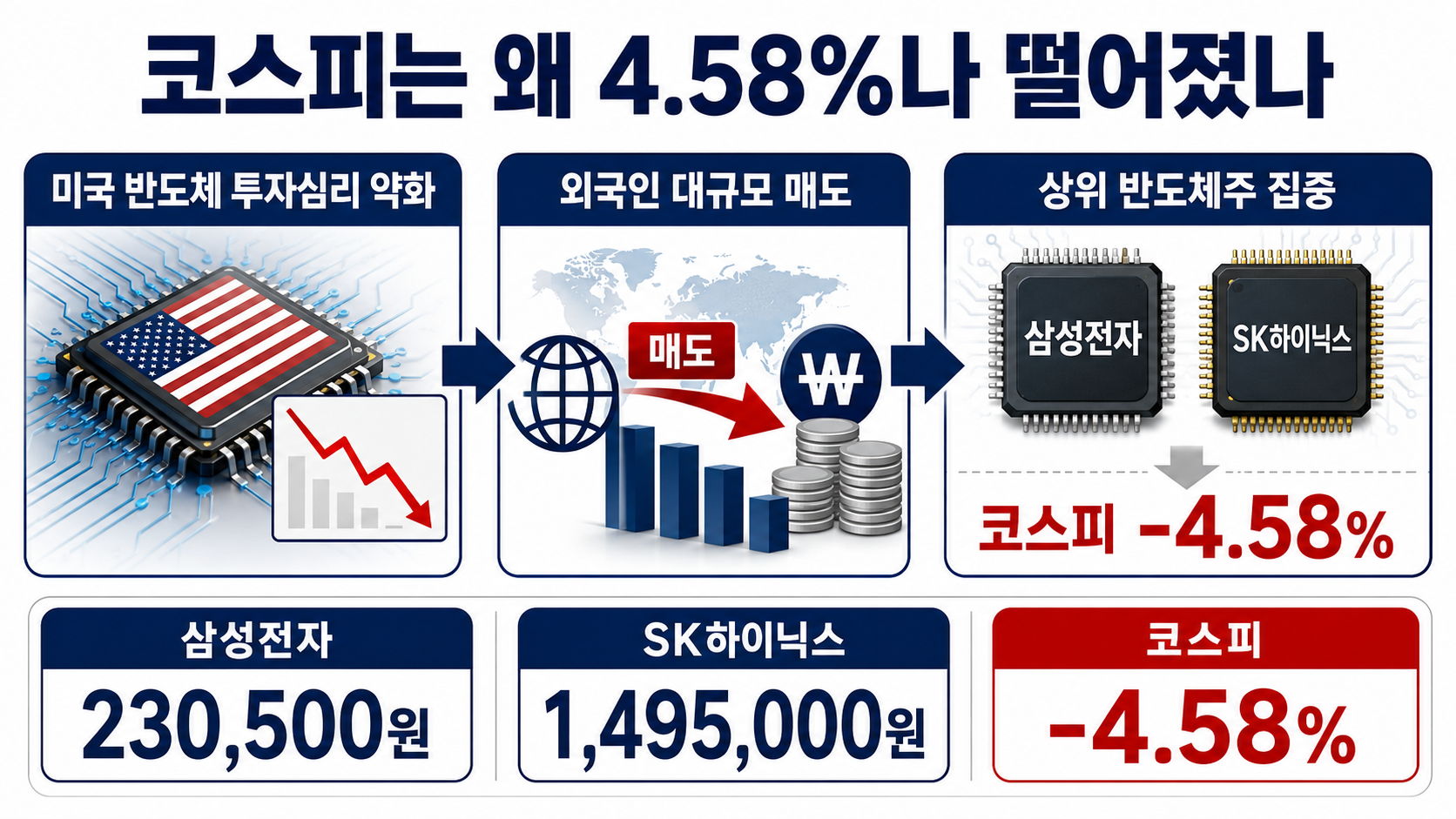 코스피 4.58% 급락, 상승 종목이 더 많았다…삼성전자·SK하이닉스 쏠림 - 코스피는 왜 4.58%나 떨어졌나 핵심 내용을 정리한 정보형 이미지