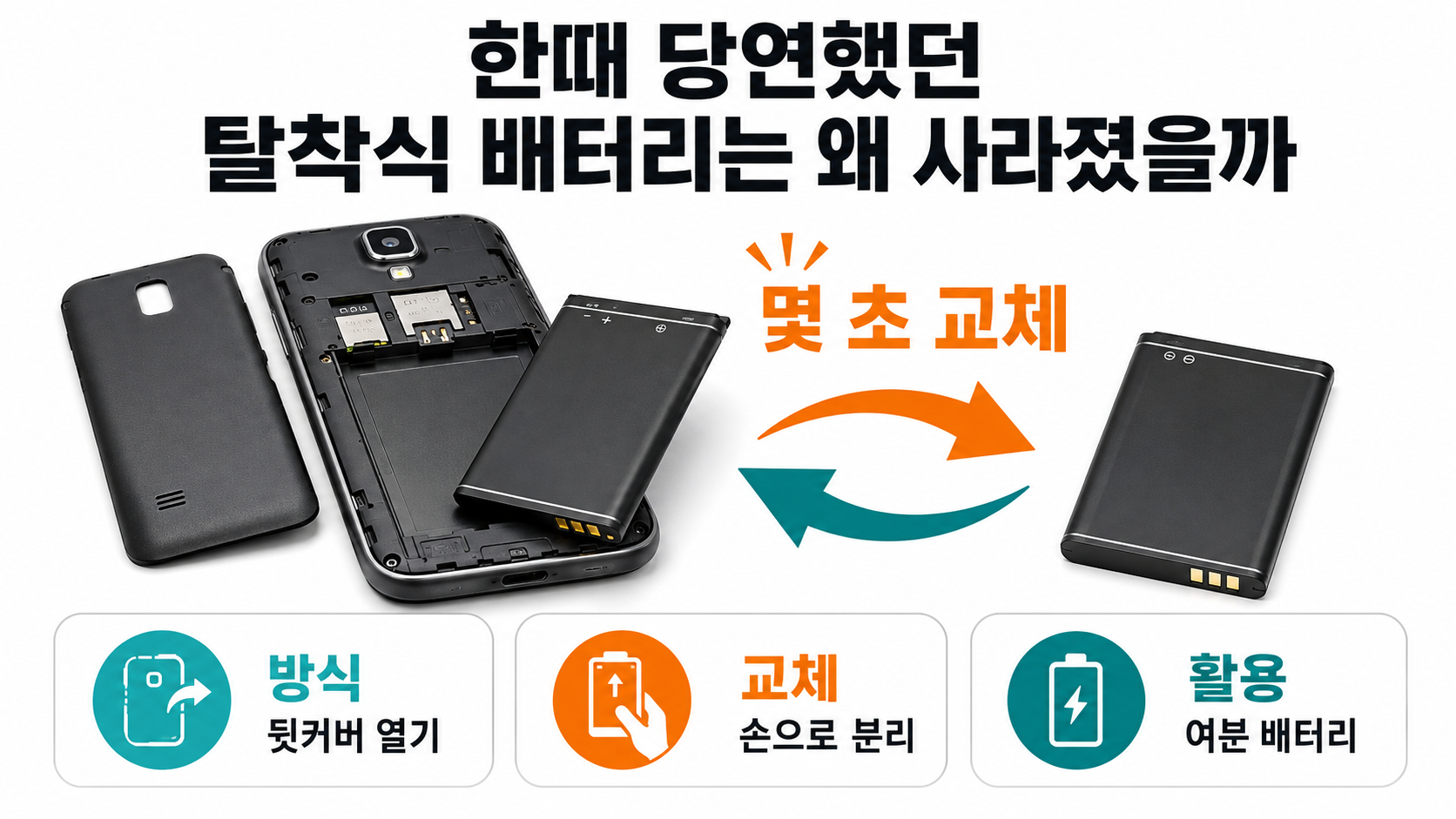 탈착식 배터리폰이 다시 주목받는 이유…2027년 EU 규정, 정말 옛날처럼 바뀔까 - 한때 당연했던 탈착식 배터리는 왜 사라졌을까 핵심 내용을 정리한 정보형 이미지