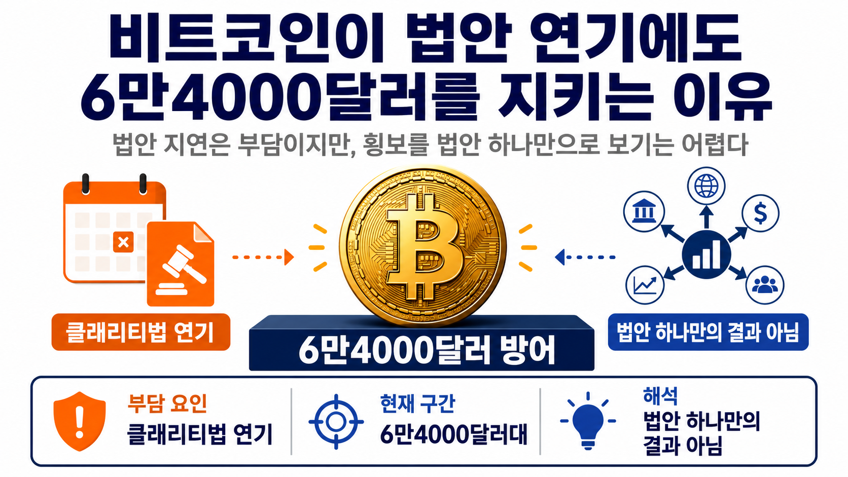 비트코인 왜 6만4000달러에 묶였나, 클래리티법 지연과 6만3000~6만6600달러 구간 - 현재 가격에서 6만3000달러와 6만6600달러의 거리는 얼마나 될까 핵심 내용을 정리한 정보형 이미지