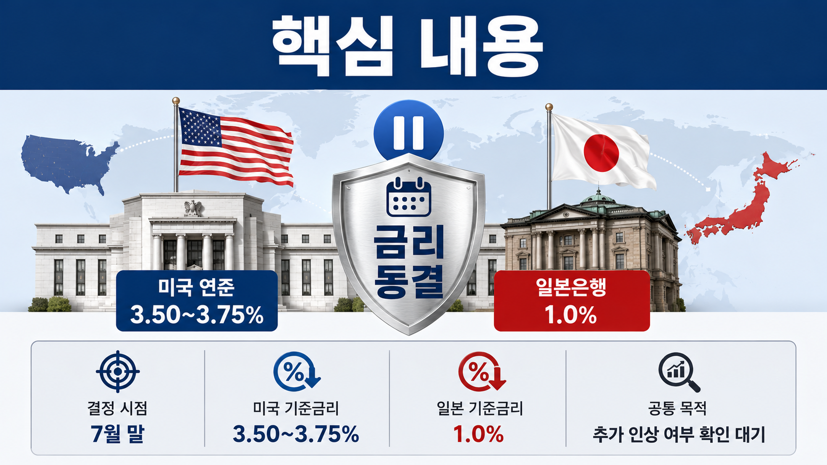 美·日 금리 동결, 미국 3.50~3.75%·일본 1.0% 유지했지만 다음 방향은 다르다 - 핵심 내용 핵심 내용을 정리한 정보형 이미지