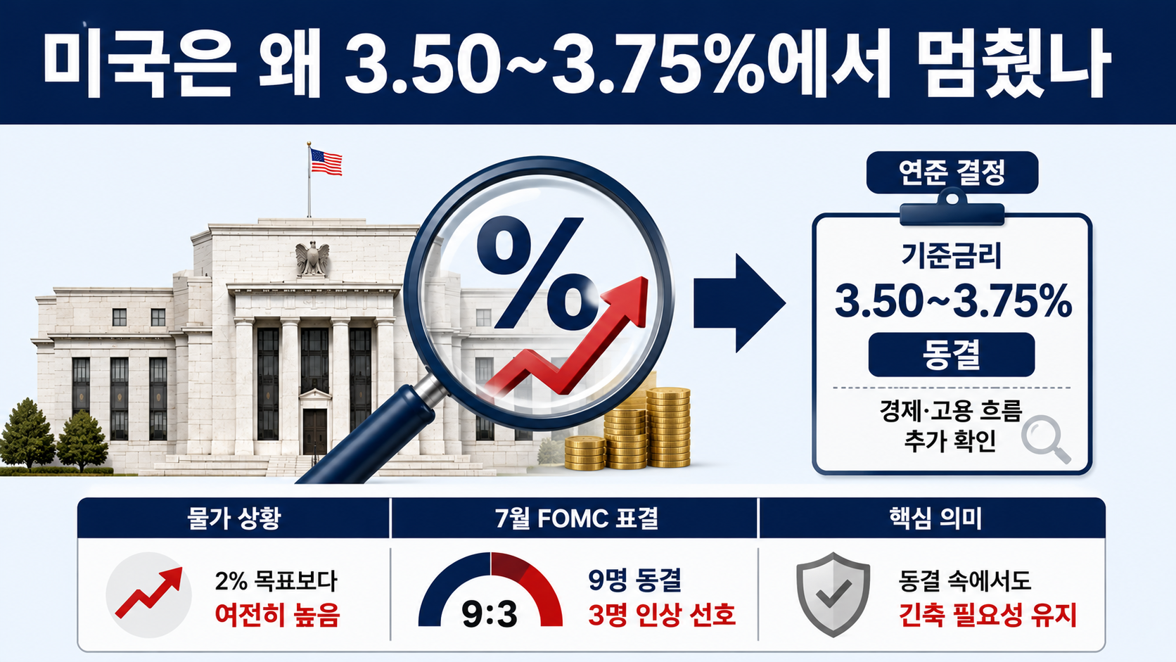 美·日 금리 동결, 미국 3.50~3.75%·일본 1.0% 유지했지만 다음 방향은 다르다 - 미국은 왜 3.50~3.75%에서 멈췄나 핵심 내용을 정리한 정보형 이미지