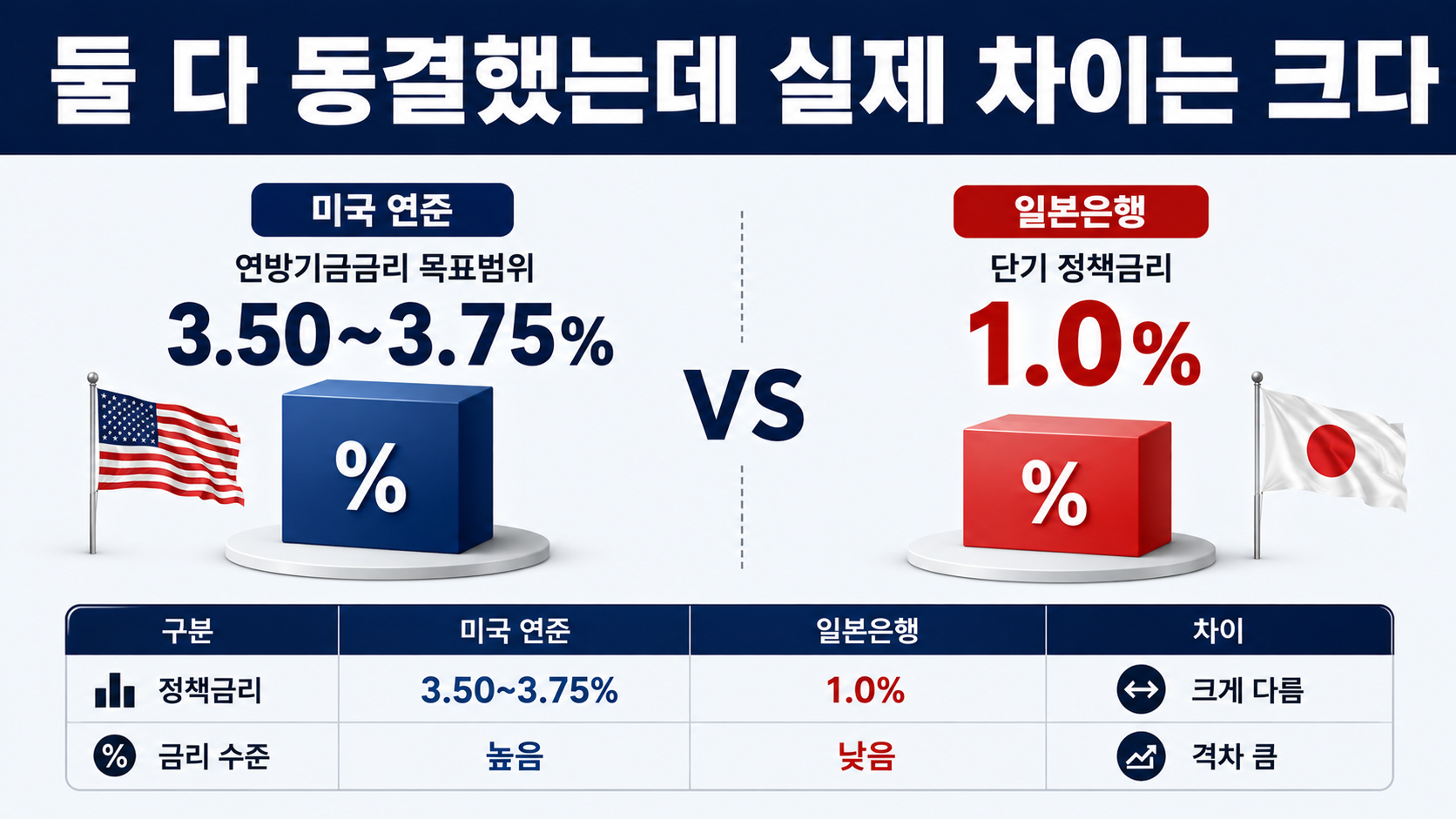 美·日 금리 동결, 미국 3.50~3.75%·일본 1.0% 유지했지만 다음 방향은 다르다 - 둘 다 동결했는데 실제 차이는 크다 핵심 내용을 정리한 정보형 이미지