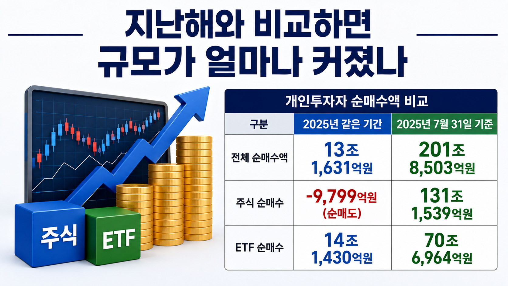 개인투자자 국내 주식 순매수 200조 돌파, 실제 주식은 131조·ETF는 70조였다 - 100조원에서 200조원까지도 빨랐다 핵심 내용을 정리한 정보형 이미지