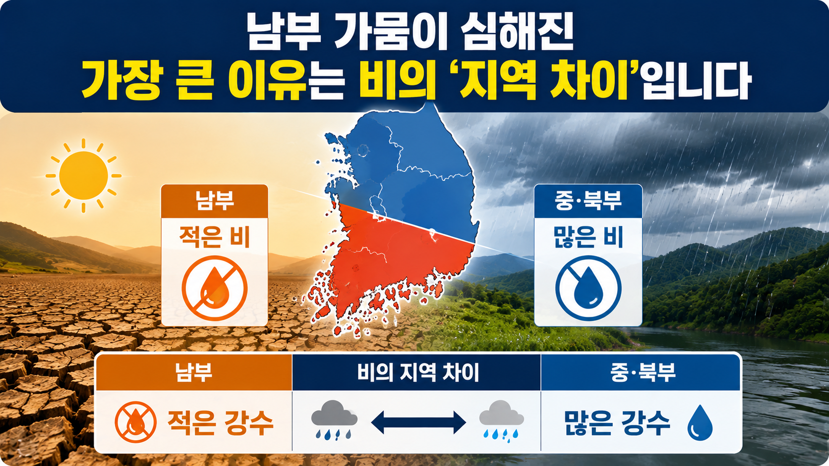 남부 가뭄 심해졌다, 경남 강수량 평년 33%·댐 3곳 상황은 어떻게 달라졌나 - 남부 가뭄이 심해진 가장 큰 이유는 비의 ‘지역 차이’입니다 핵심 내용을 정리한 정보형 이미지