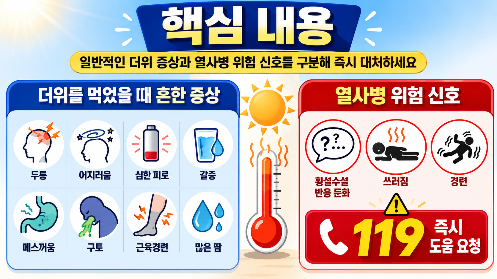 더위 먹었을때 증상, 어지러움·구토보다 먼저 봐야 할 열사병 위험 신호 - 핵심 내용 핵심 내용을 정리한 정보형 이미지