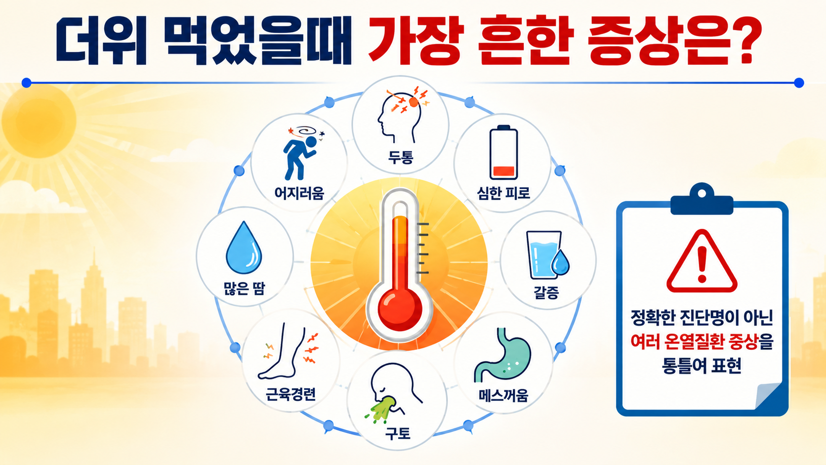 더위 먹었을때 증상, 어지러움·구토보다 먼저 봐야 할 열사병 위험 신호 - 더위 먹었을때 가장 흔한 증상은? 핵심 내용을 정리한 정보형 이미지