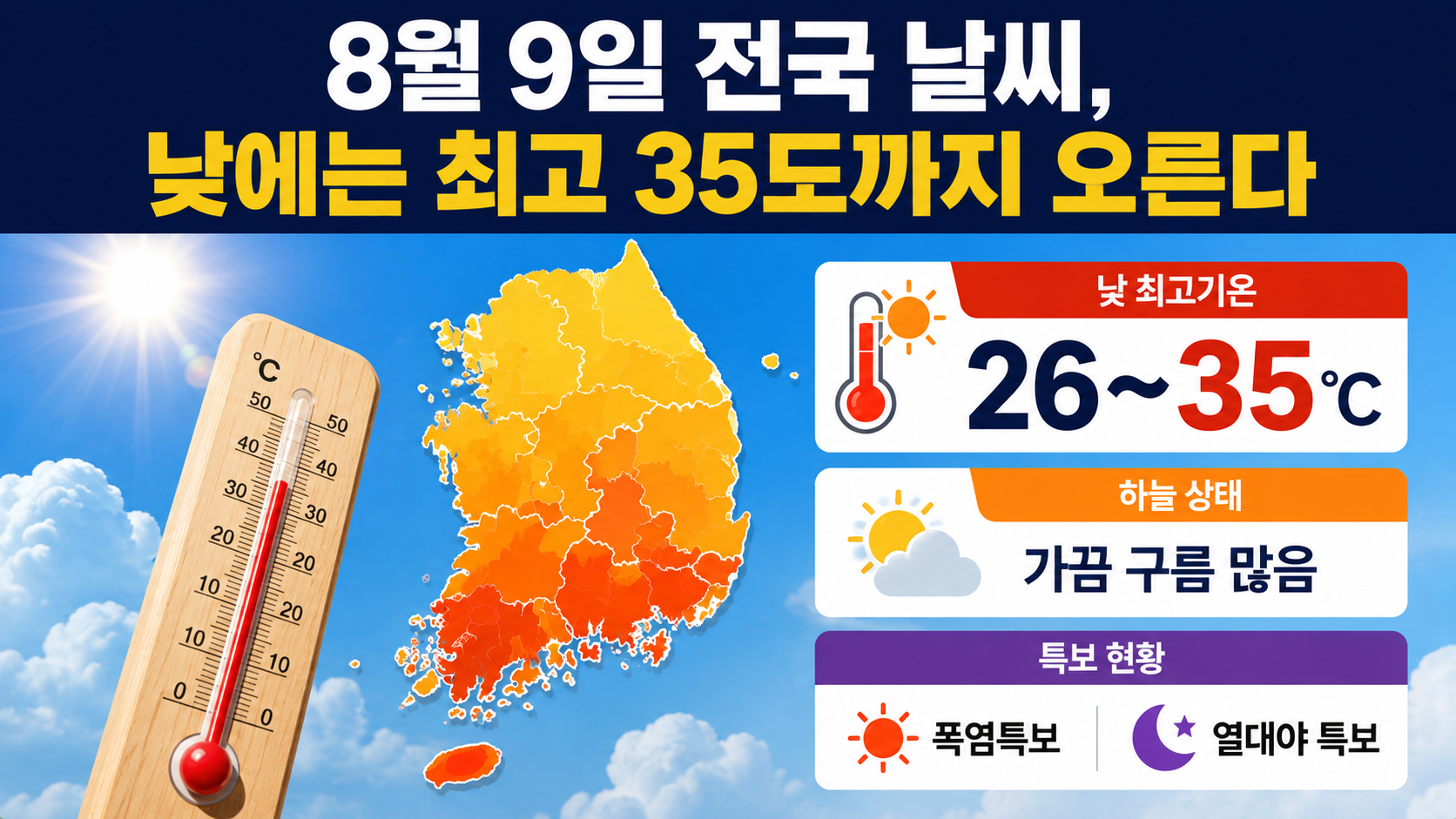 8월 9일 날씨 전국 26~35도, 동해안 비·오후 내륙 소나기 어디까지 오나 - 8월 9일 전국 날씨, 낮에는 최고 35도까지 오른다 핵심 내용을 정리한 정보형 이미지