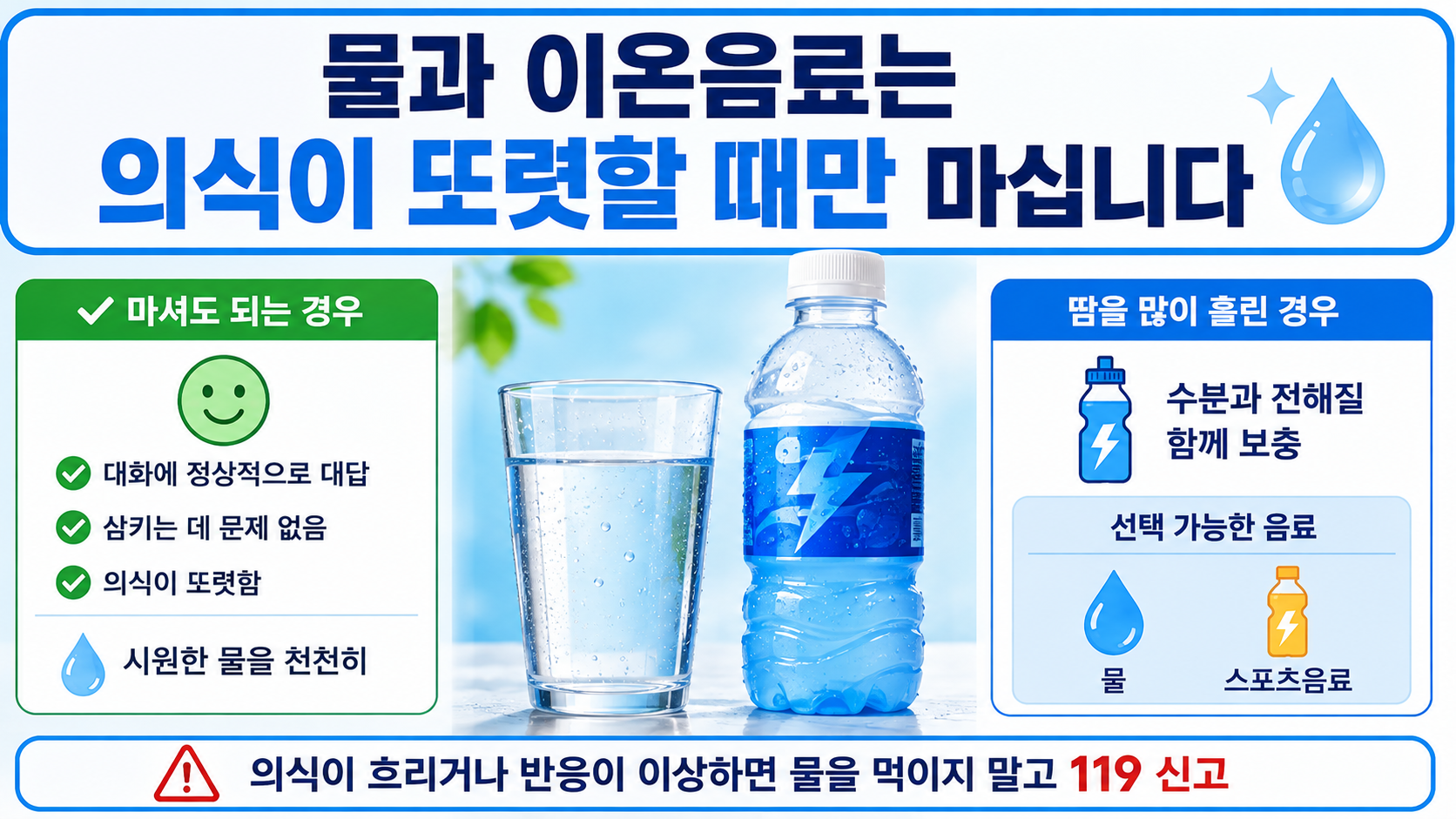 더위 먹었을때 대처법, 물보다 먼저 확인할 ‘의식 상태’와 119 기준 - 물과 이온음료는 의식이 또렷할 때만 마십니다 핵심 내용을 정리한 정보형 이미지
