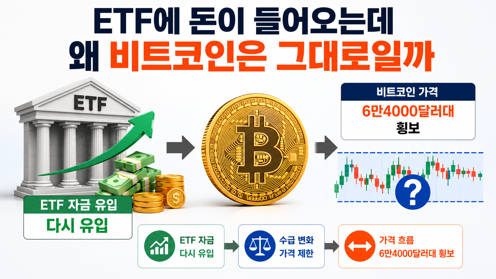 비트코인 6만4000달러대 횡보, ETF 자금 돌아와도 6만6000달러가 중요한 이유 - ETF에 돈이 들어오는데 왜 비트코인은 그대로일까 핵심 내용을 정리한 정보형 이미지