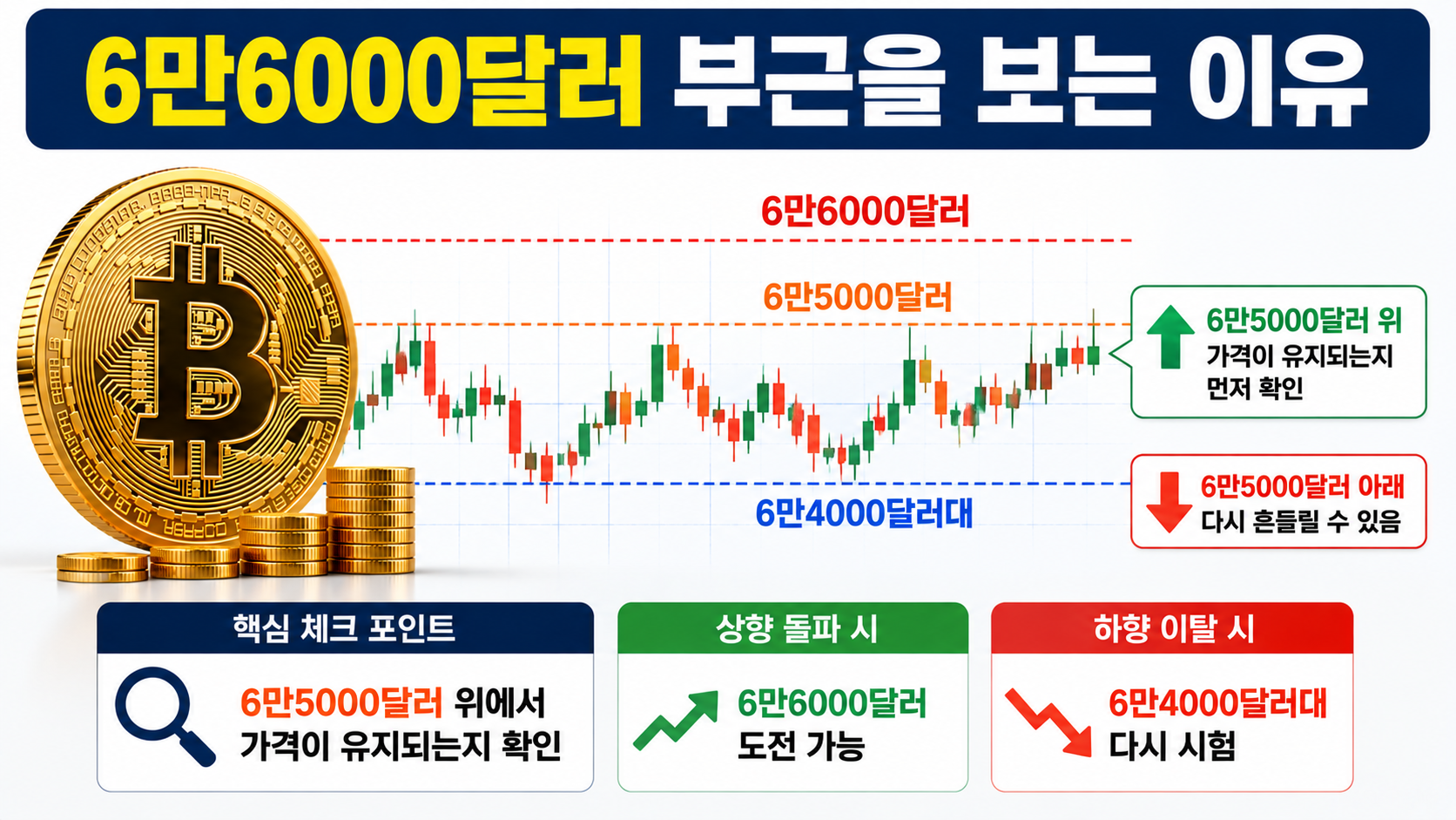 비트코인 6만4000달러대 횡보, ETF 자금 돌아와도 6만6000달러가 중요한 이유 - 6만6000달러 부근을 보는 이유 핵심 내용을 정리한 정보형 이미지