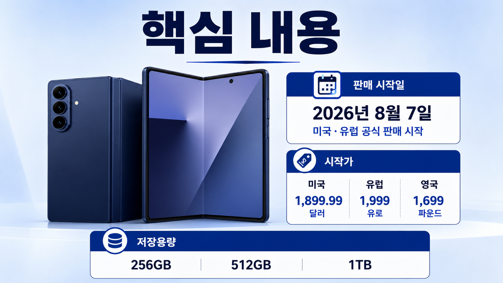 갤럭시 Z Fold8 미국 1,899달러·유럽 1,999유로, 출시 직후 반응은 어땠나 - 미국과 유럽의 출시일은 같다 핵심 내용을 정리한 정보형 이미지