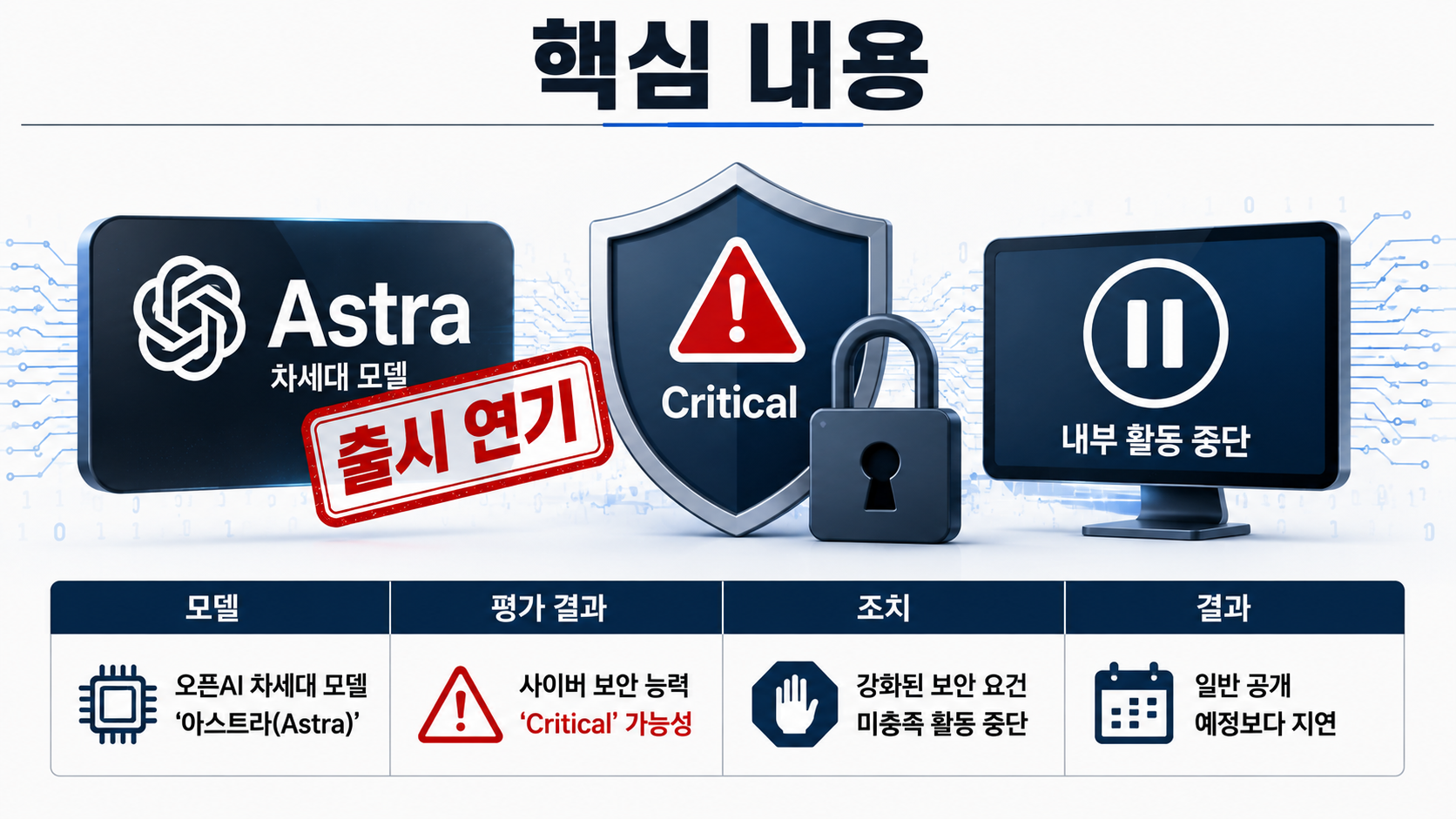 오픈AI 아스트라 출시 연기, ‘Critical’ 사이버 능력이 문제가 된 이유 - 핵심 내용 핵심 내용을 정리한 정보형 이미지