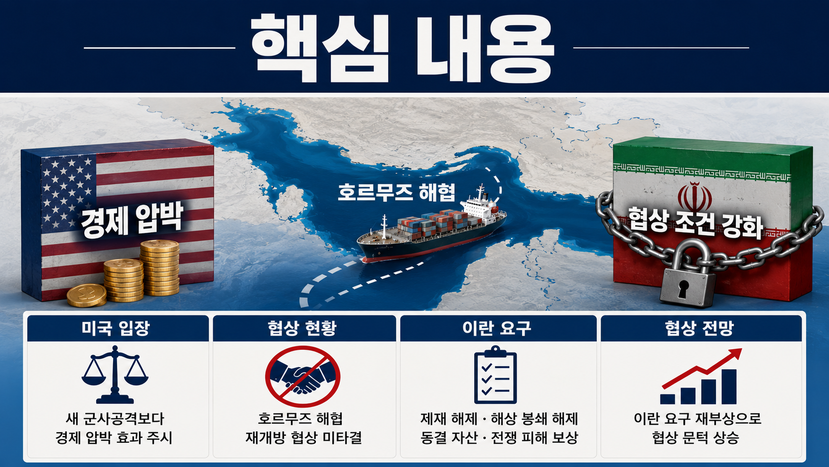 트럼프 이란 경제 압박으로 무게 이동, 호르무즈 재개방을 막는 조건은 - 핵심 내용 핵심 내용을 정리한 정보형 이미지