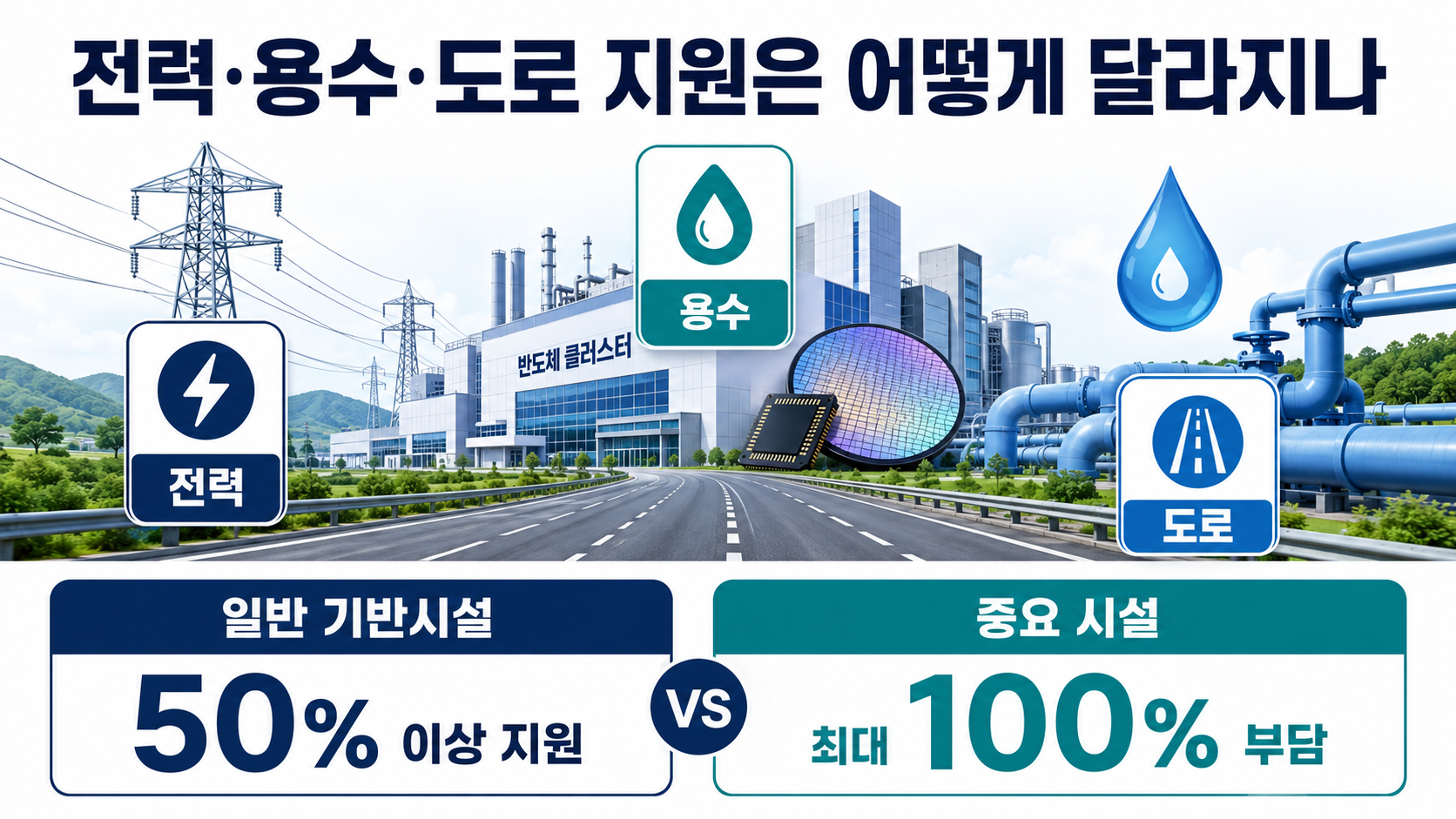 반도체 특별법 8월 11일 시행, 인프라 지원은 커지고 주 52시간 특례는 빠졌다 - 전력·용수·도로 지원은 어떻게 달라지나 핵심 내용을 정리한 정보형 이미지