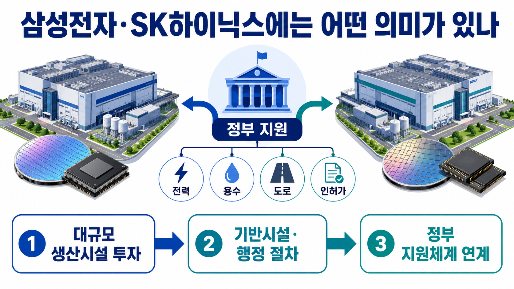 반도체 특별법 8월 11일 시행, 인프라 지원은 커지고 주 52시간 특례는 빠졌다 - 삼성전자·SK하이닉스에는 어떤 의미가 있나 핵심 내용을 정리한 정보형 이미지