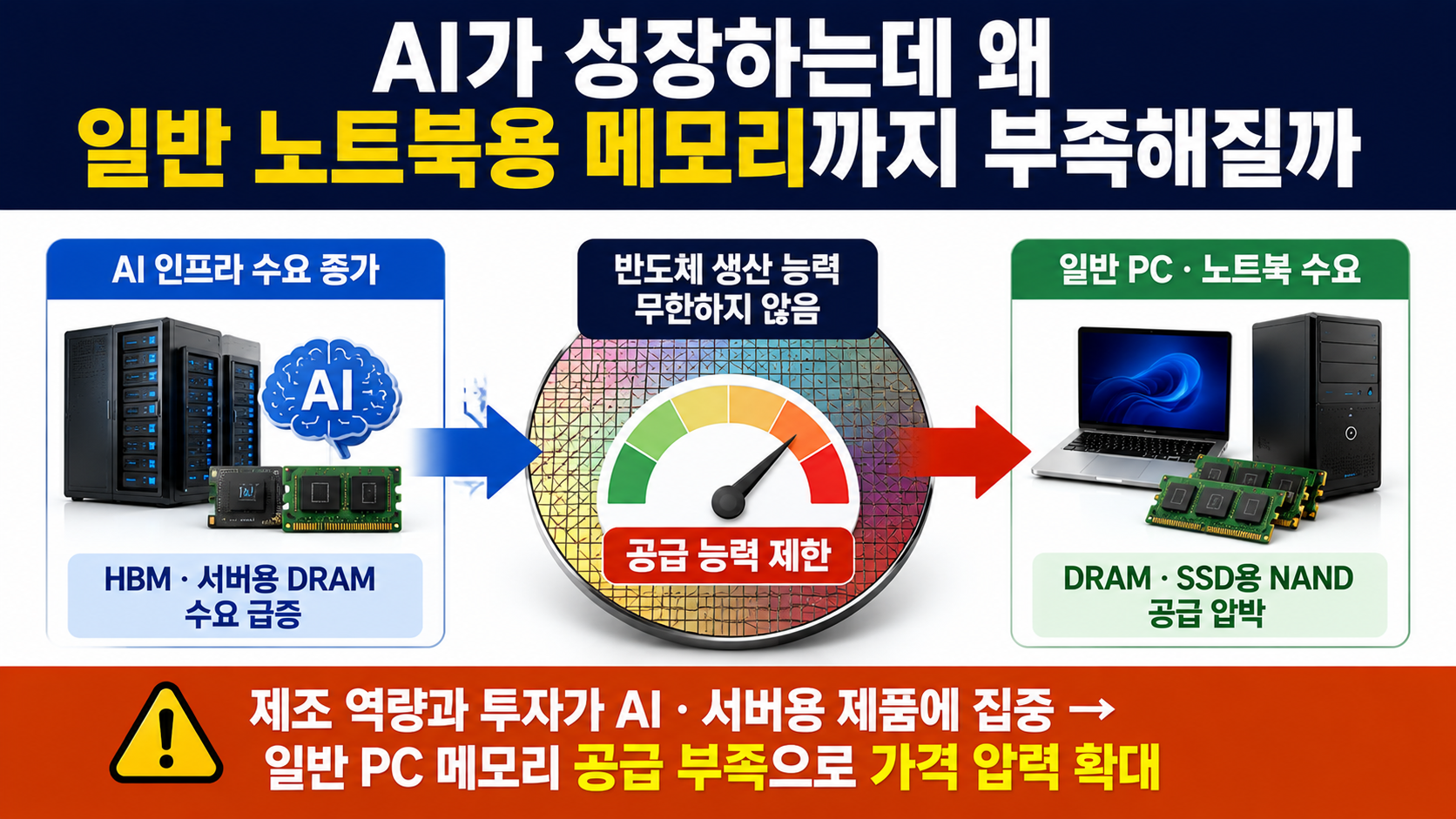 칩플레이션에 노트북·PC 가격 상승, 2026년 최대 40% 전망은 무슨 뜻일까 - AI가 성장하는데 왜 일반 노트북용 메모리까지 부족해질까 핵심 내용을 정리한 정보형 이미지