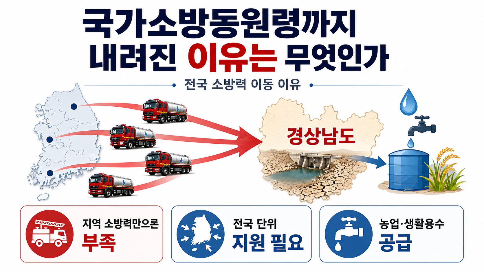 경남 가뭄 국가소방동원령, 소방차 200대 투입될 만큼 얼마나 심각한가 - 국가소방동원령까지 내려진 이유는 무엇인가 핵심 내용을 정리한 정보형 이미지