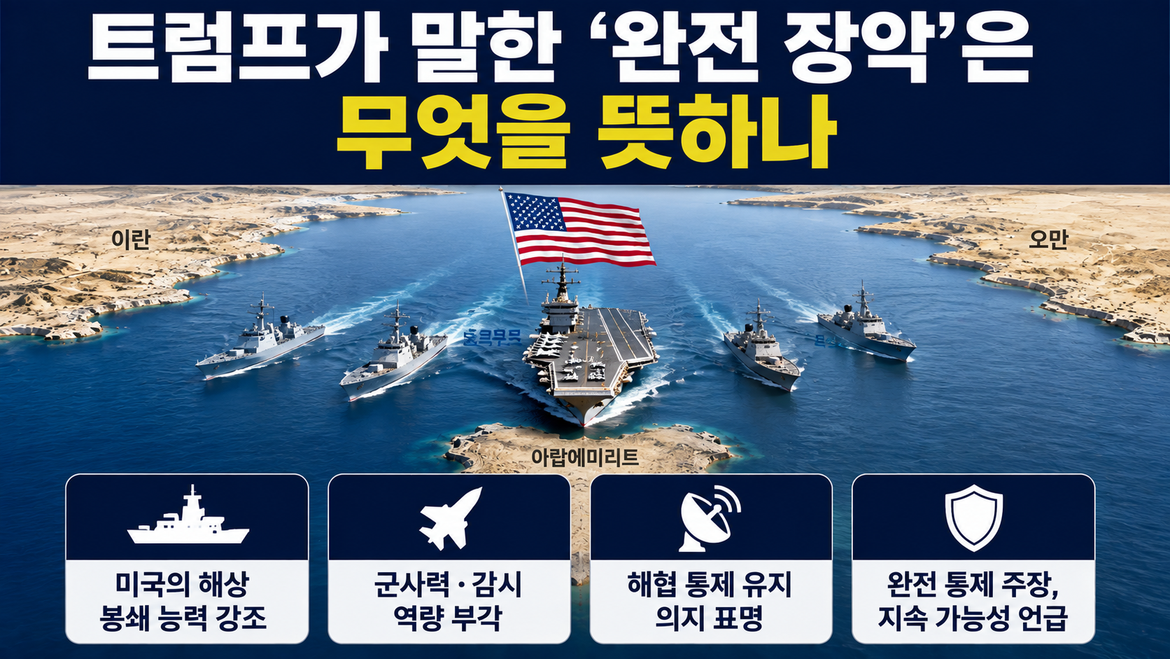 트럼프 호르무즈 완전 장악 주장, 하루 130척→14척 통항 데이터는 달랐다 - 트럼프가 말한 ‘완전 장악’은 무엇을 뜻하나 핵심 내용을 정리한 정보형 이미지