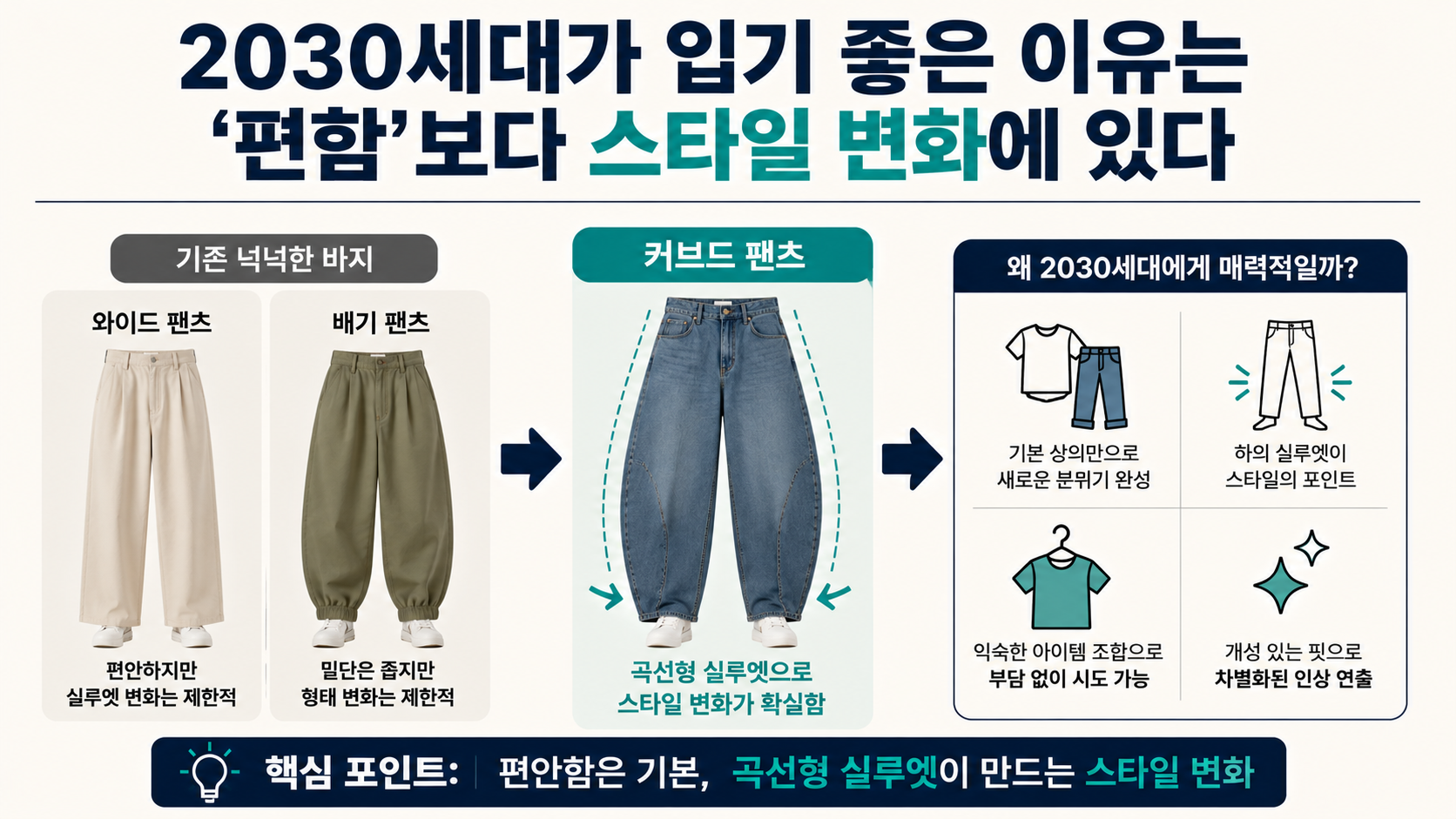 커브드 팬츠 검색 187% 증가, 와이드 팬츠와 다른 곡선형 실루엣이 뜨는 이유 - 2030세대가 입기 좋은 이유는 ‘편함’보다 스타일 변화에 있다 핵심 내용을 정리한 정보형 이미지