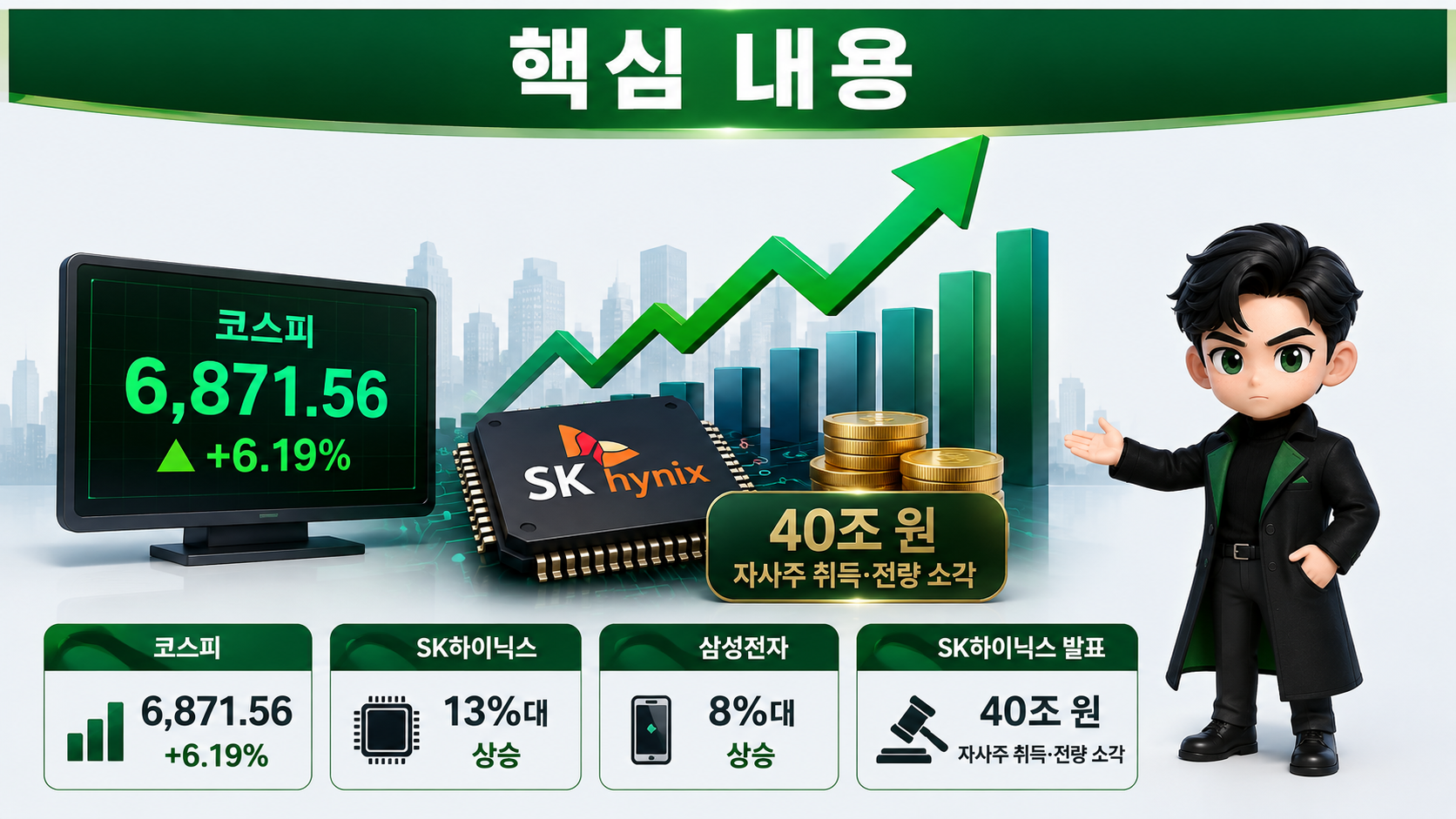 SK하이닉스 40조 자사주 취득·소각, 코스피 장중 6% 급등…하루 만에 낙폭 되돌렸다 - 핵심 내용 핵심 내용을 정리한 정보형 이미지