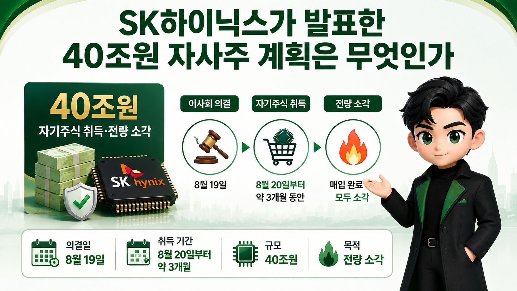 SK하이닉스 40조 자사주 취득·소각, 코스피 장중 6% 급등…하루 만에 낙폭 되돌렸다 - SK하이닉스가 발표한 40조원 자사주 계획은 무엇인가 핵심 내용을 정리한 정보형 이미지