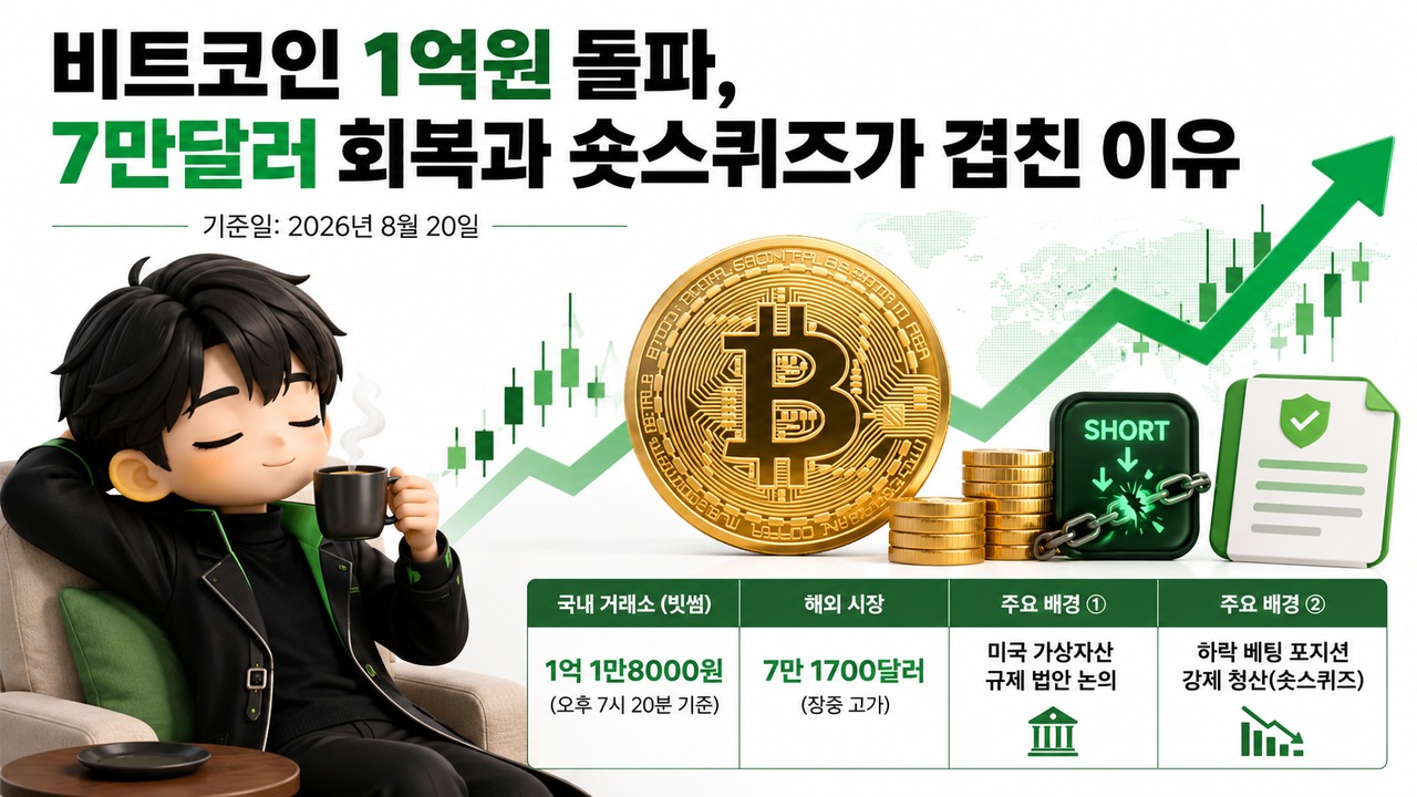 비트코인 1억원 돌파, 7만달러 회복과 숏스퀴즈가 겹친 이유 - 핵심 내용 핵심 내용을 정리한 정보형 이미지