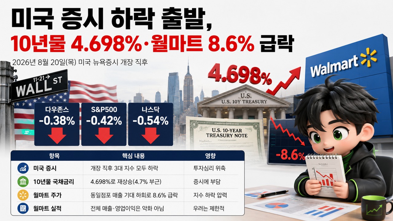 미국 증시 하락 출발, 10년물 4.698%·월마트 8.6% 급락 - 핵심 내용 핵심 내용을 정리한 정보형 이미지