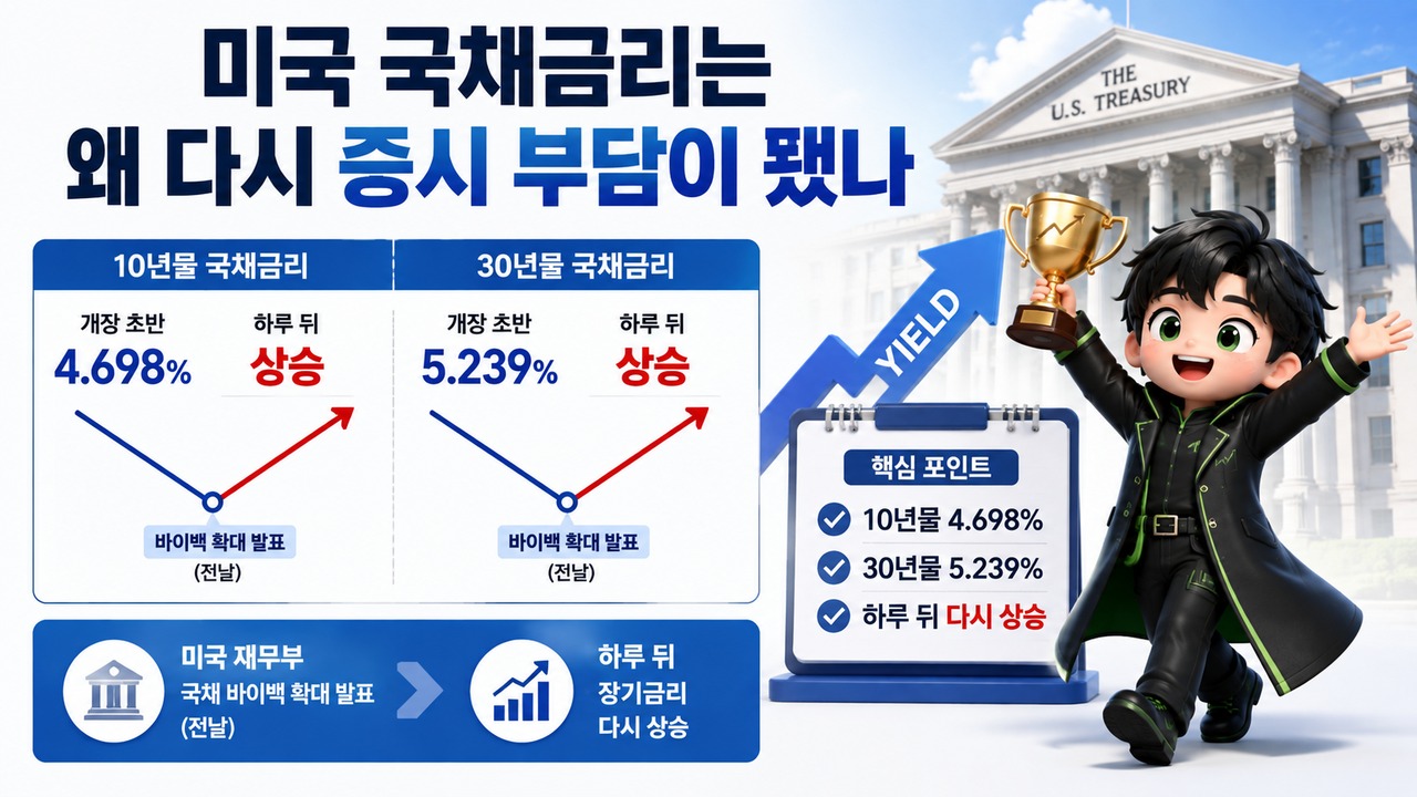 미국 증시 하락 출발, 10년물 4.698%·월마트 8.6% 급락 - 미국 국채금리는 왜 다시 증시 부담이 됐나 핵심 내용을 정리한 정보형 이미지