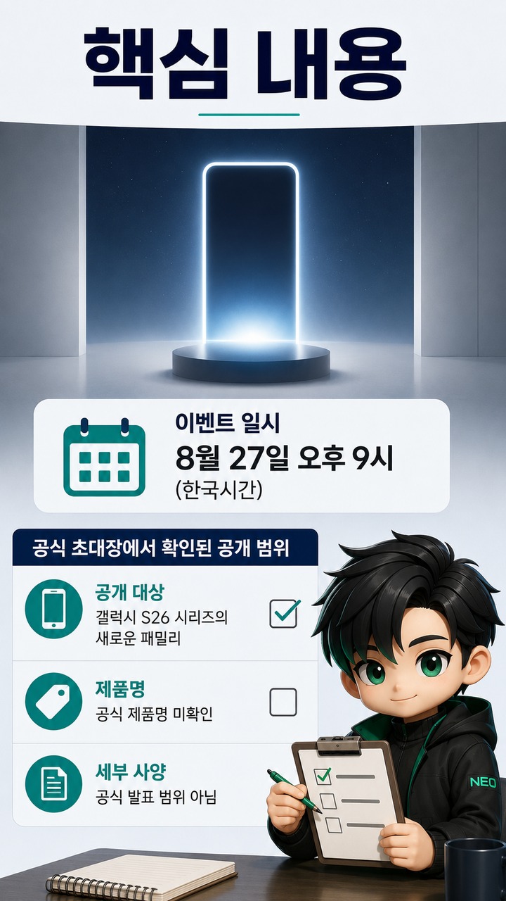 삼성 갤럭시 이벤트 8월 27일 오후 9시, 공식 초대장에 확인된 공개 범위 - 핵심 내용 핵심 내용을 정리한 정보형 이미지
